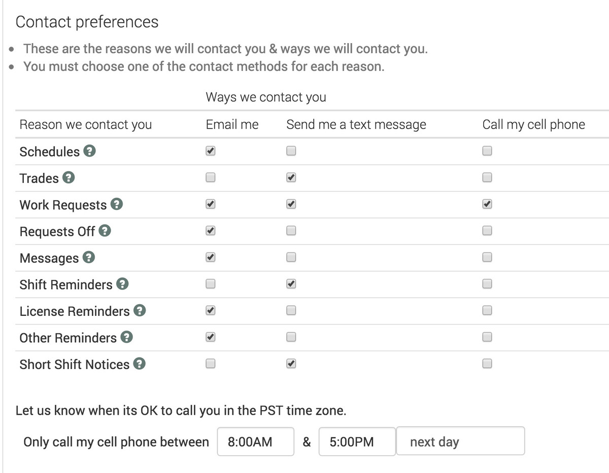 User contact preference settings